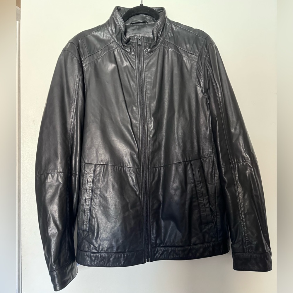 $595 Hugo Boss Black Leather Men’s Jacket Coat Large
